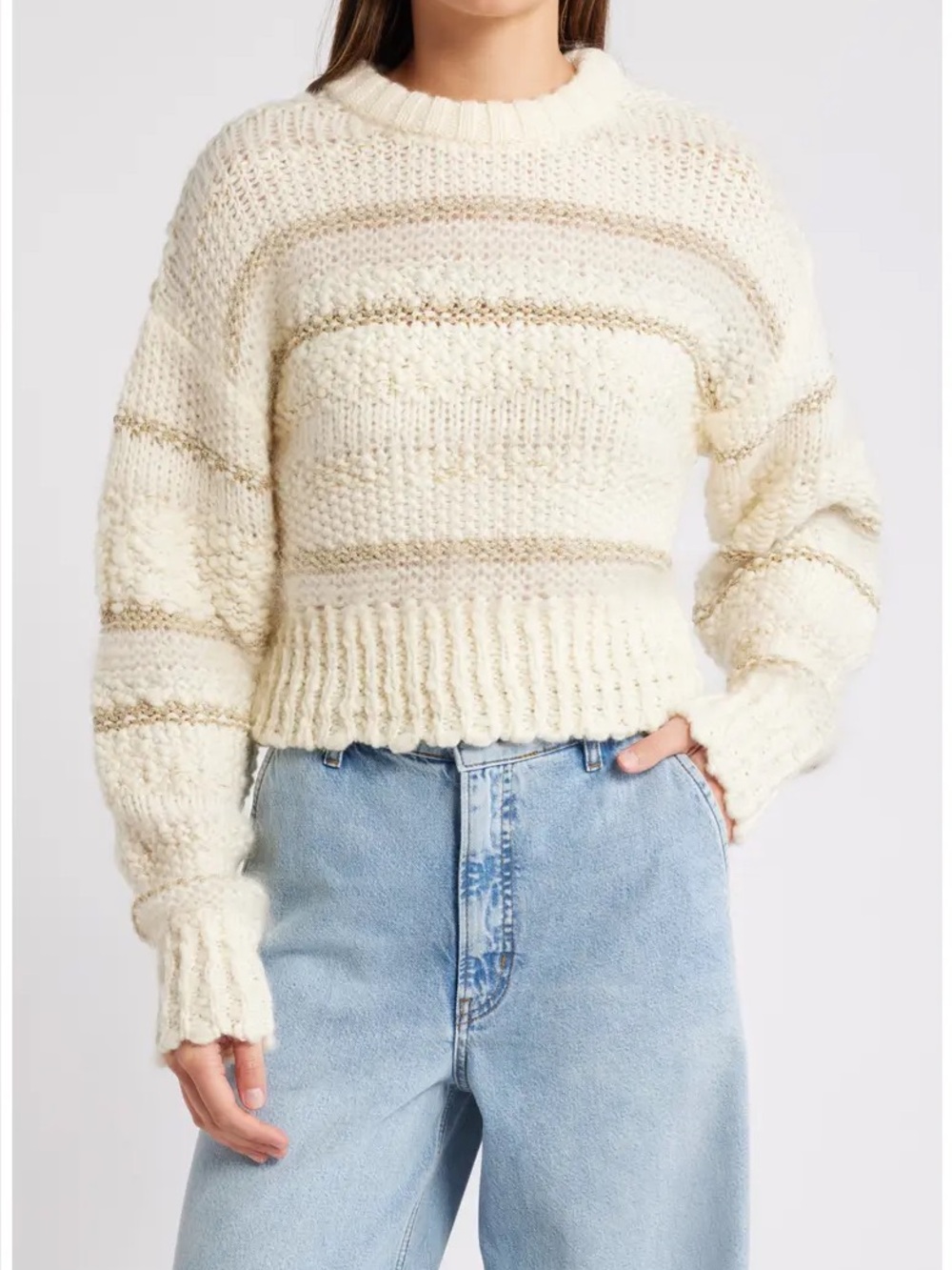FRAME Textured Stripe Sweater Cream Multi Wool Mohair Crewneck Size L NWT